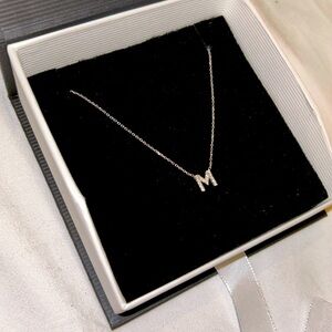 Diamond white gold M necklace, adjustable 14” to 15” chain with certificate